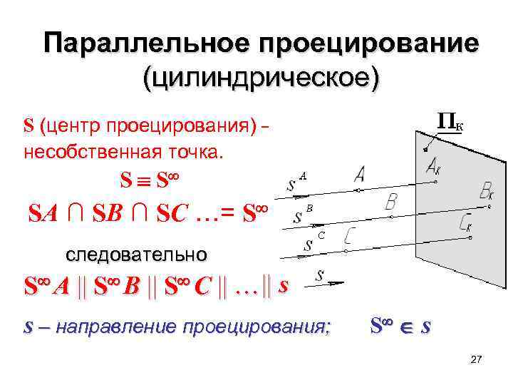  Параллельное проецирование  (цилиндрическое) S (центр проецирования) – несобственная точка.  S 