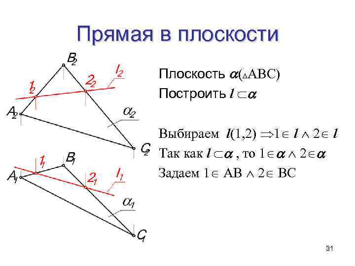 Прямая в плоскости  Плоскость  АВС   Построить l  Выбираем l(1,
