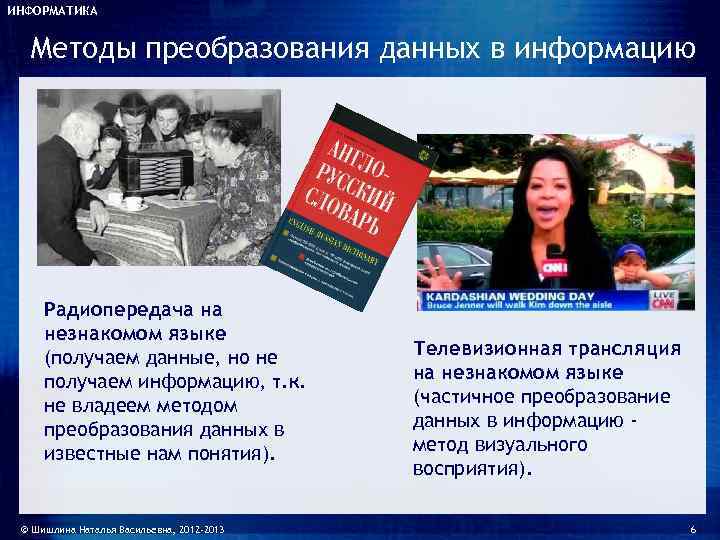 ИНФОРМАТИКА Методы преобразования данных в информацию   Радиопередача на незнакомом языке (получаем данные,