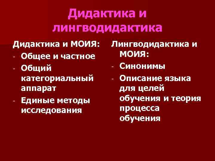    Дидактика и  лингводидактика Дидактика и МОИЯ:  Лингводидактика и -