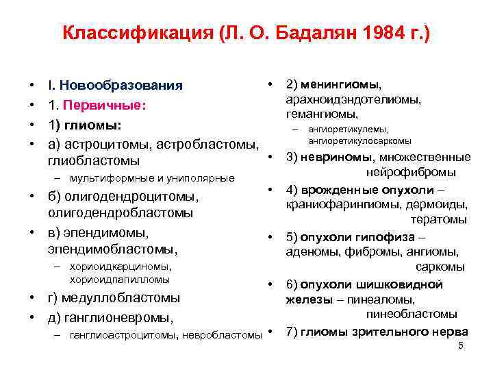  Классификация (Л. О. Бадалян 1984 г. )  •  I. Новообразования 
