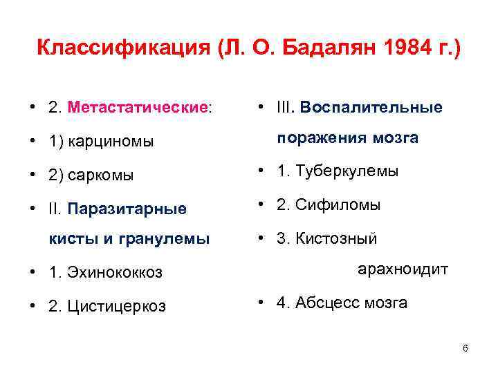 Классификация (Л. О. Бадалян 1984 г. )  • 2. Метастатические: • III. Воспалительные