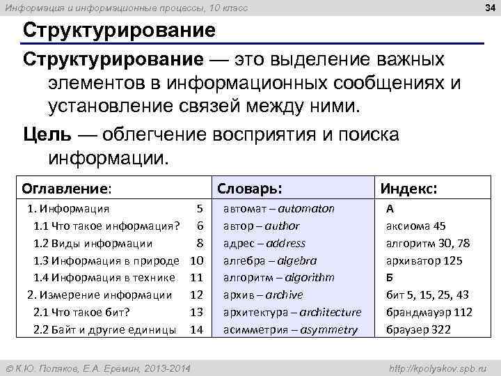 Информация и информационные процессы, 10 класс    34 Структурирование — это выделение