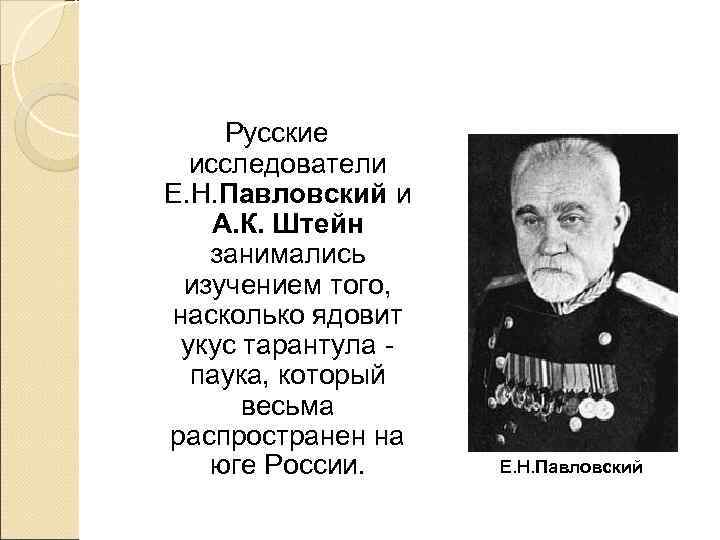  Русские  исследователи Е. Н. Павловский и А. К. Штейн  занимались изучением