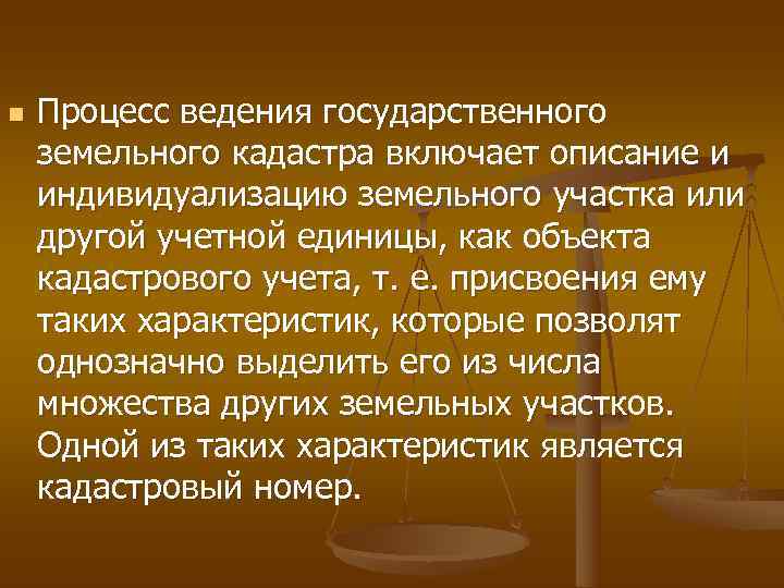 n  Процесс ведения государственного земельного кадастра включает описание и индивидуализацию земельного участка или