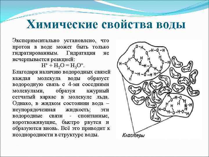  Химические свойства воды Экспериментально установлено,  что протон в воде может быть только