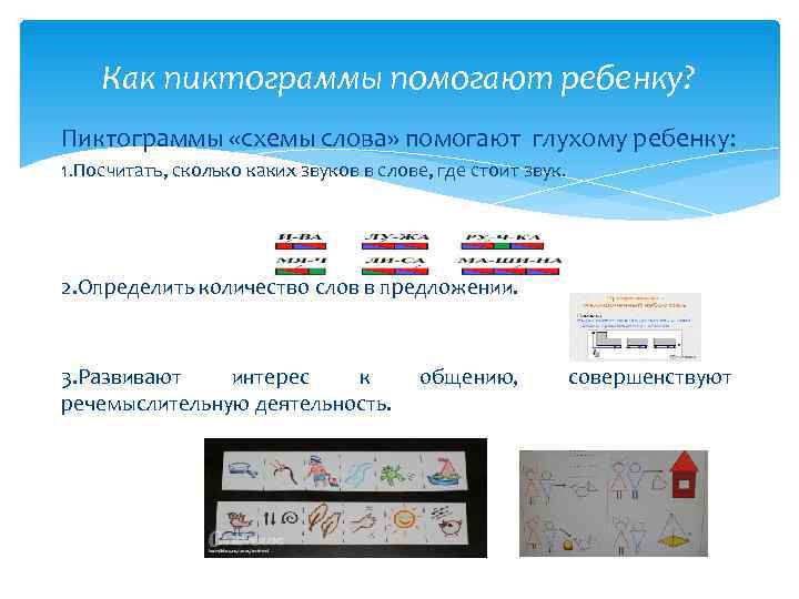   Как пиктограммы помогают ребенку? Пиктограммы «схемы слова» помогают глухому ребенку: 1. Посчитать,