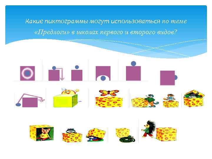 Какие пиктограммы могут использоваться по теме  «Предлоги» в школах первого и второго видов?