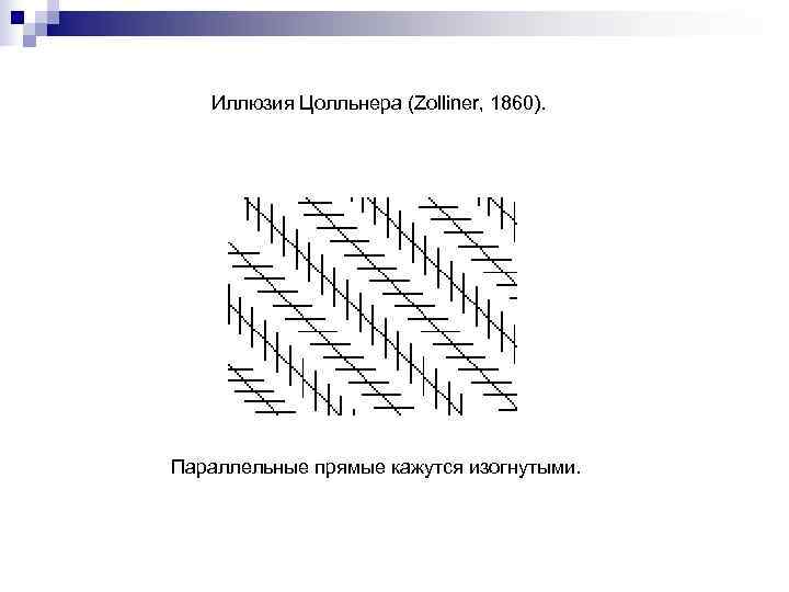   Иллюзия Цолльнера (Zolliner, 1860). Параллельные прямые кажутся изогнутыми. 