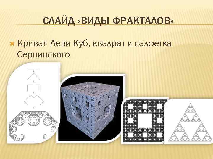  СЛАЙД «ВИДЫ ФРАКТАЛОВ» Кривая. Леви Куб, квадрат и салфетка Серпинского 