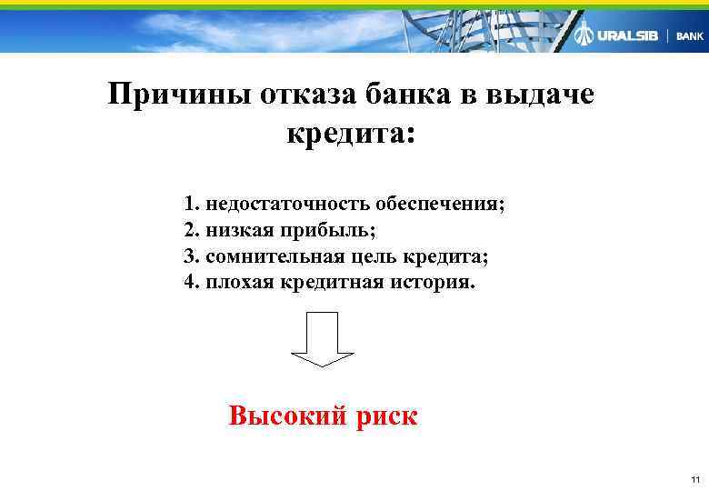 Причины отказа банка в выдаче  кредита:  1. недостаточность обеспечения; 2. низкая прибыль;