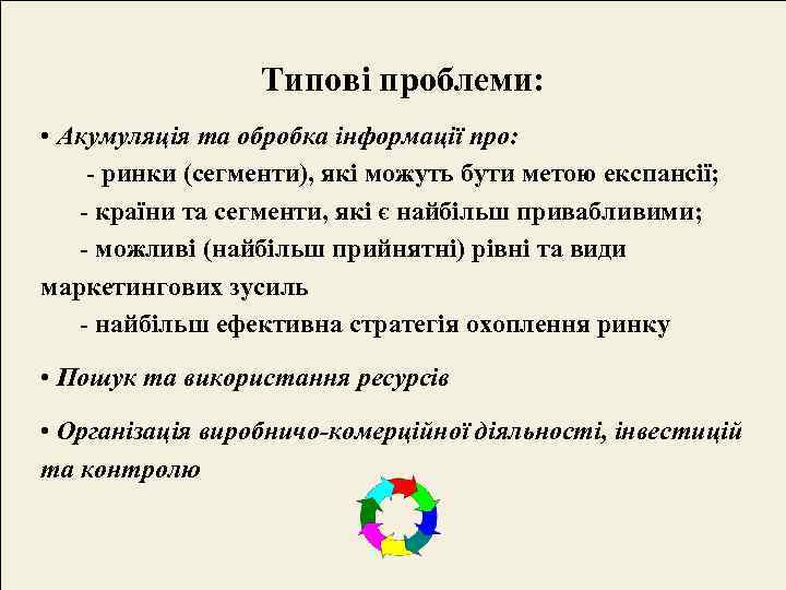    Типові проблеми:  • Акумуляція та обробка інформації про: - ринки