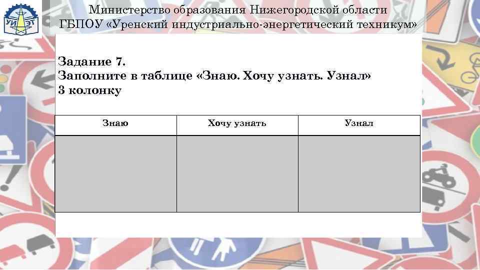   Министерство образования Нижегородской области ГБПОУ «Уренский индустриально-энергетический техникум»  Задание 7. Заполните