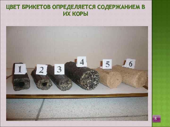 ЦВЕТ БРИКЕТОВ ОПРЕДЕЛЯЕТСЯ СОДЕРЖАНИЕМ В   ИХ КОРЫ    8 