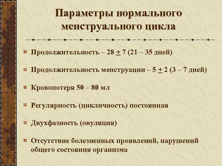  Параметры нормального  менструального цикла Продолжительность – 28 + 7 (21 – 35