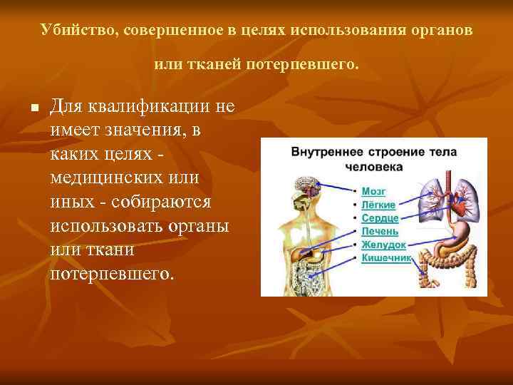 Убийство, совершенное в целях использования органов или тканей потерпевшего. n Убийство, совершенное в целях использования органов или тканей потерпевшего. n
