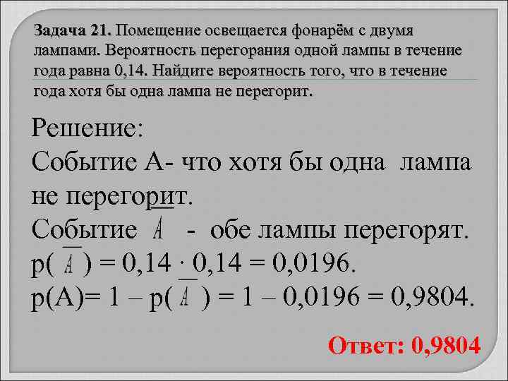 Задача 21. Помещение освещается фонарём с двумя лампами. Вероятность перегорания одной лампы в течение