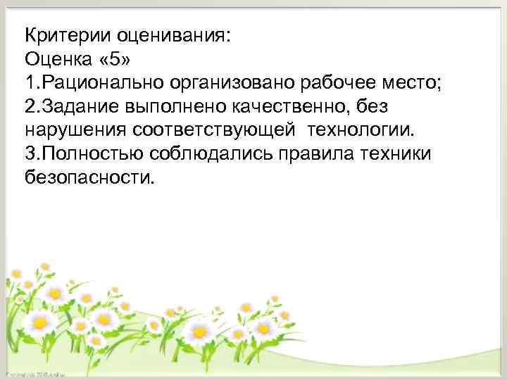 Критерии оценивания: Оценка « 5» 1. Рационально организовано рабочее место; 2. Задание выполнено качественно,
