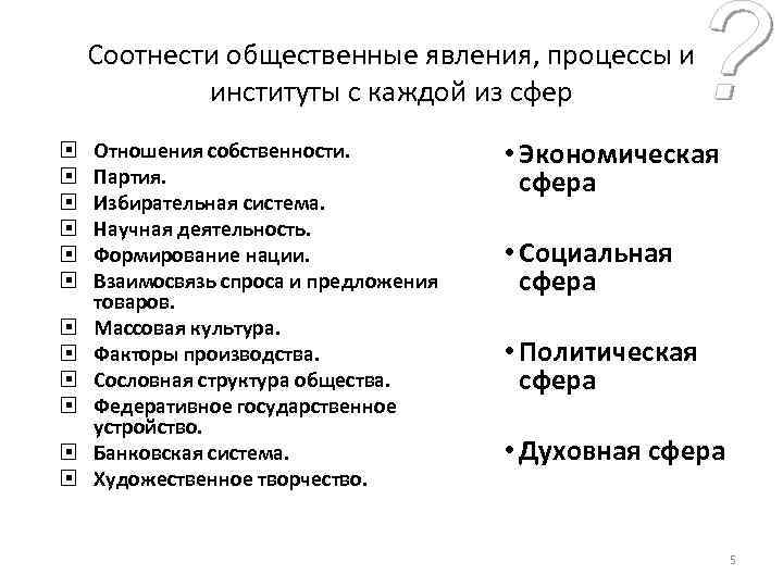   Соотнести общественные явления, процессы и   институты с каждой из сфер