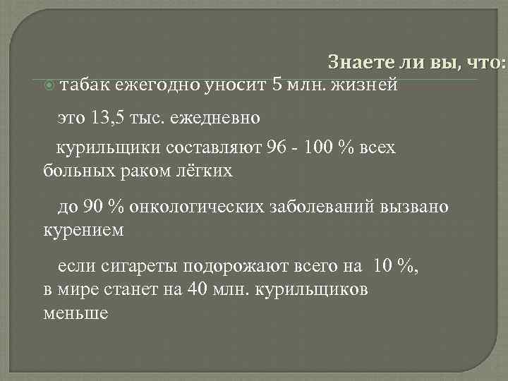      Знаете ли вы, что:  табак ежегодно уносит 5