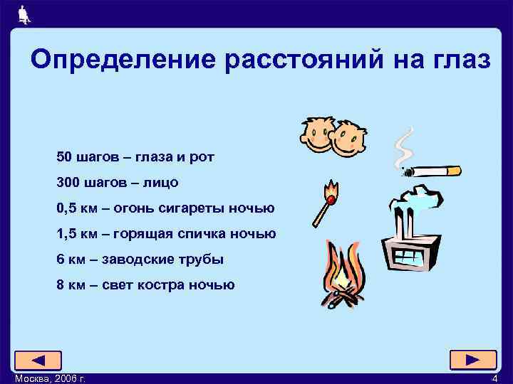   Определение расстояний на глаз  50 шагов – глаза и рот 