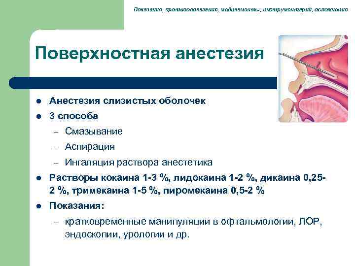      Показания, противопоказания, медикаменты, инструментарий, осложнения Поверхностная анестезия l 