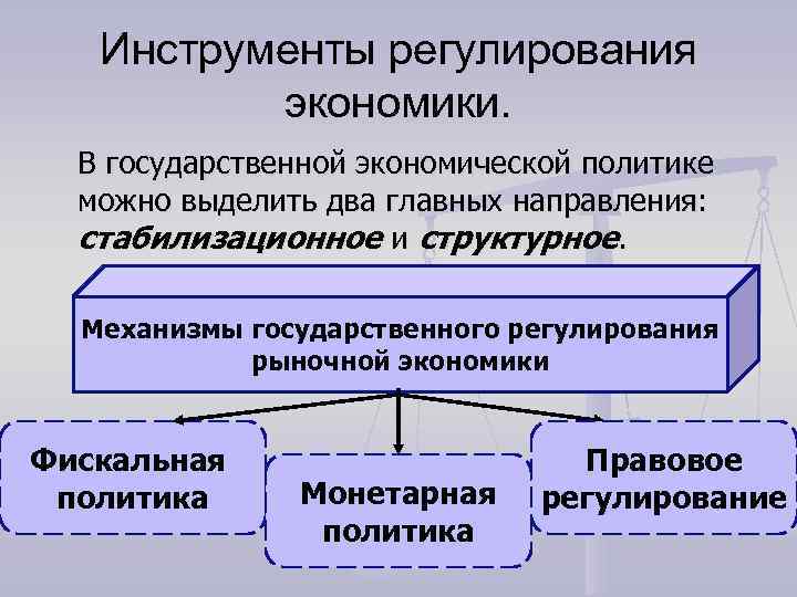   Инструменты регулирования  экономики.  В государственной экономической политике  можно выделить