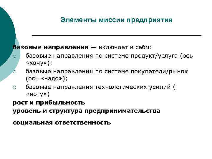    Элементы миссии предприятия  базовые направления — включает в себя: ¡