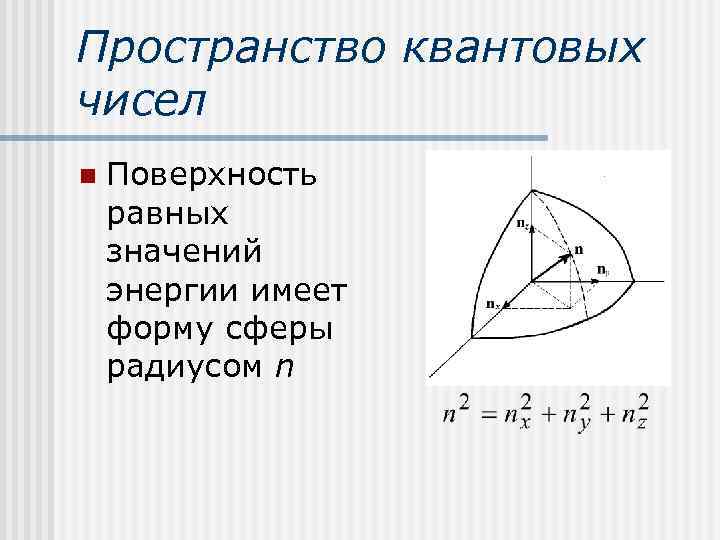 Пространство квантовых чисел n  Поверхность равных значений энергии имеет форму сферы радиусом n