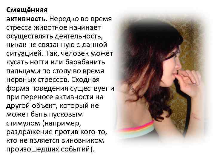 Смещённая активность. Нередко во время стресса животное начинает осуществлять деятельность,  никак не связанную