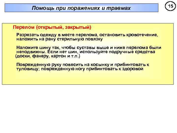   Помощь при поражениях и травмах     15  Перелом