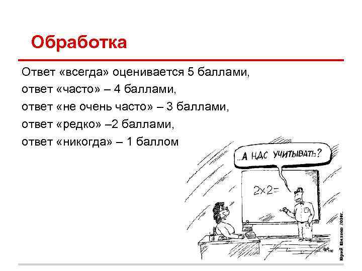 Обработка Ответ «всегда» оценивается 5 баллами, ответ «часто» – 4 баллами, ответ «не Обработка Ответ «всегда» оценивается 5 баллами, ответ «часто» – 4 баллами, ответ «не