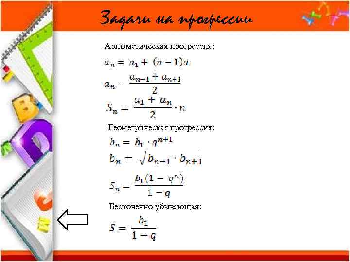 Задачи на прогрессии Арифметическая прогрессия: Геометрическая прогрессия:  Бесконечно убывающая: 