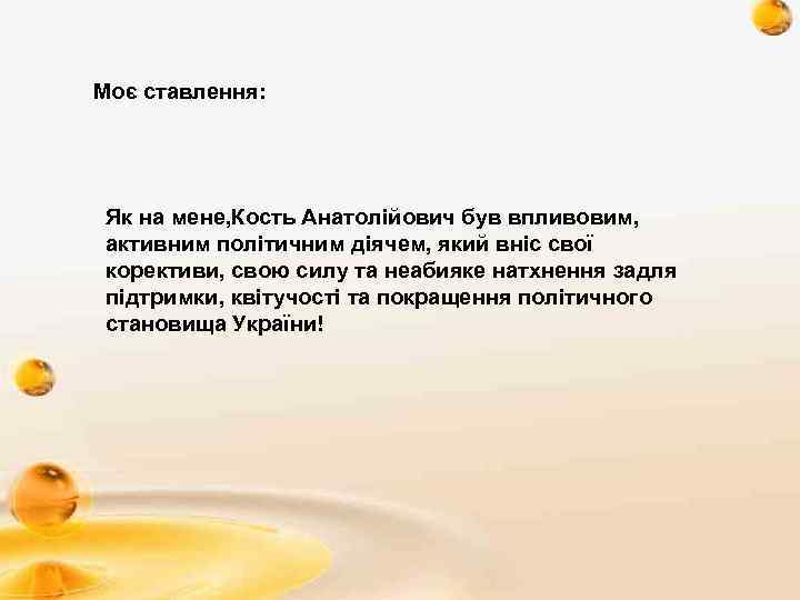 Моє ставлення:  Як на мене, Кость Анатолійович був впливовим,  активним політичним діячем,
