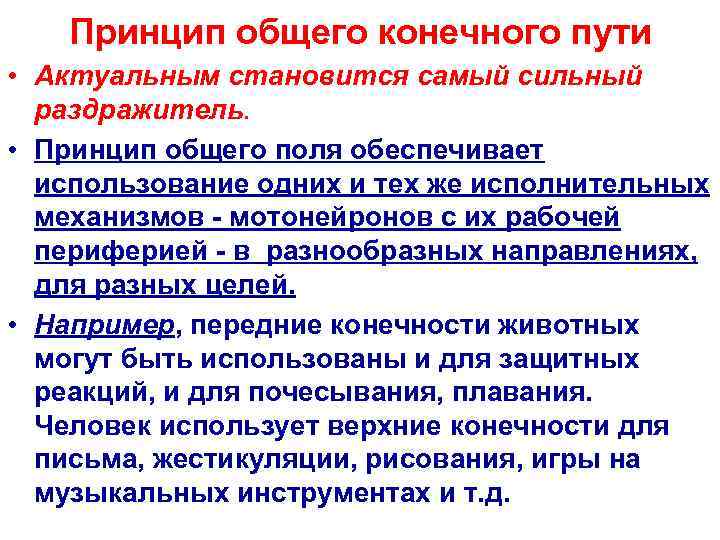   Принцип общего конечного пути • Актуальным становится самый сильный  раздражитель. 