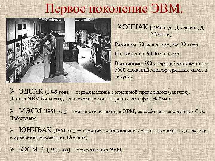Первое поколение ЭВМ. ØЭНИАК (1946 год Первое поколение ЭВМ. ØЭНИАК (1946 год