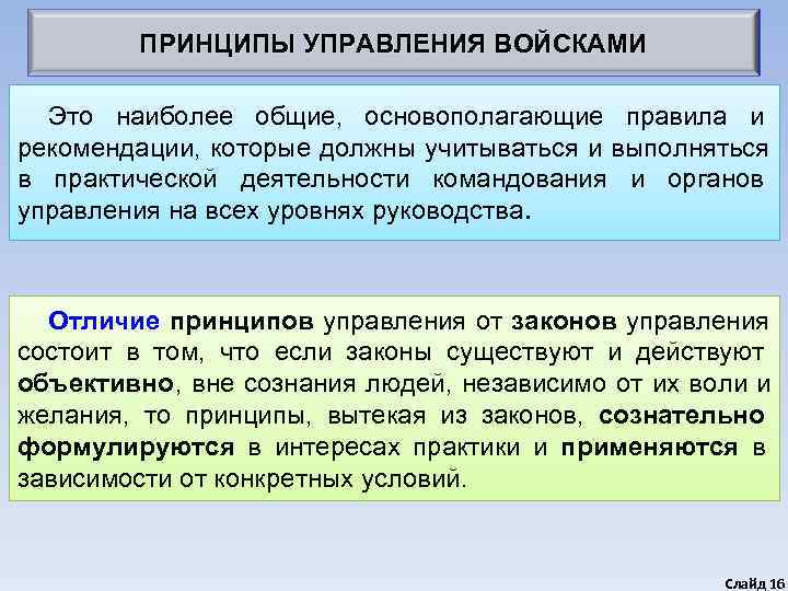    ПРИНЦИПЫ УПРАВЛЕНИЯ ВОЙСКАМИ Это наиболее общие,  основополагающие правила и рекомендации,