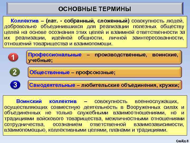      ОСНОВНЫЕ ТЕРМИНЫ  Коллектив – (лат. - собранный, сложенный)