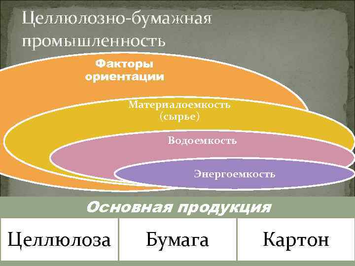  Целлюлозно-бумажная промышленность   Факторы  ориентации   Материалоемкость   (сырье)