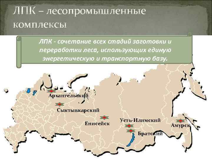 ЛПК – лесопромышленные комплексы ЛПК - сочетание всех стадий заготовки и переработки леса, использующих
