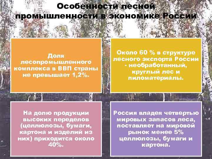  Особенности лесной промышленности в экономике России     Около 60 %