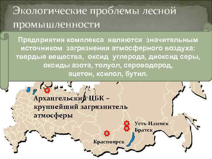 Экологические проблемы лесной промышленности Предприятия комплекса являются значительным  источником загрязнения атмосферного воздуха: твердые