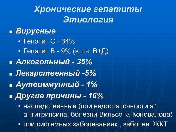    Хронические гепатиты    Этиология n  Вирусные • Гепатит