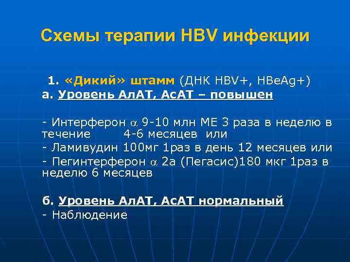 Схемы терапии НВV инфекции  1.  «Дикий» штамм (ДНК НВV+, НВе. Аg+) а.