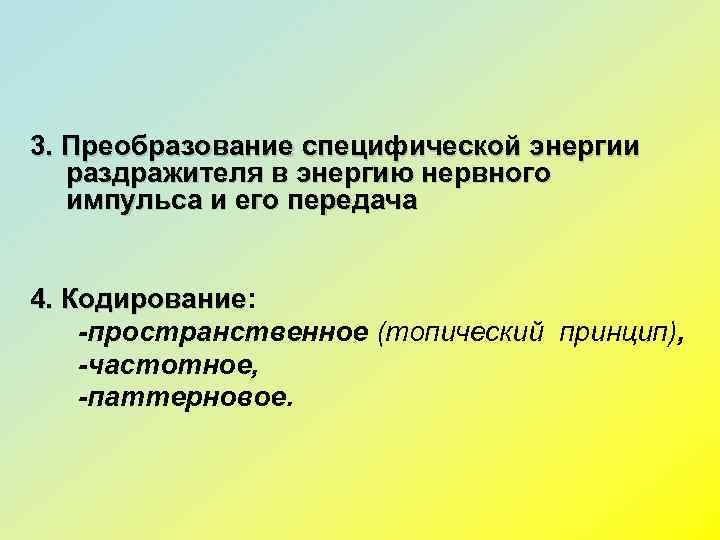 3. Преобразование специфической энергии раздражителя в энергию нервного импульса и его передача  4.