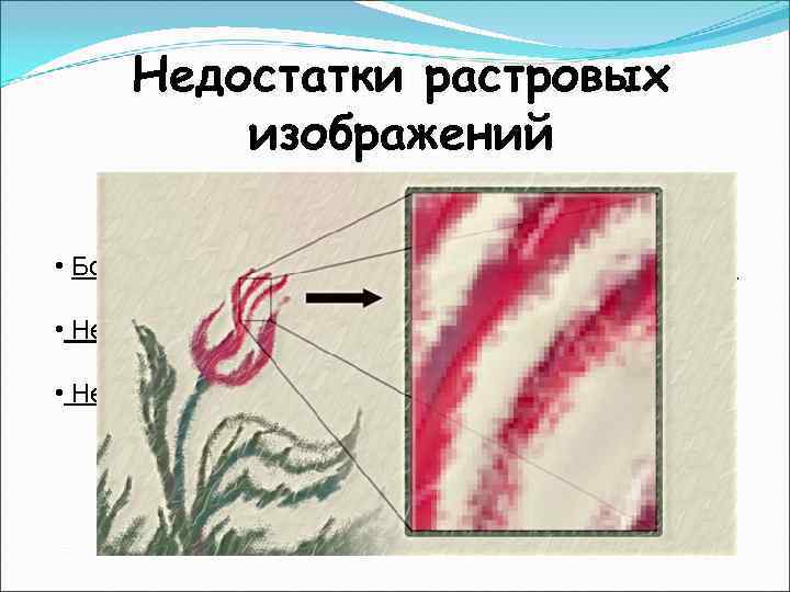 Недостатки растровых изображений • Большой размер файлов с простыми изображениями; Недостатки растровых изображений • Большой размер файлов с простыми изображениями;