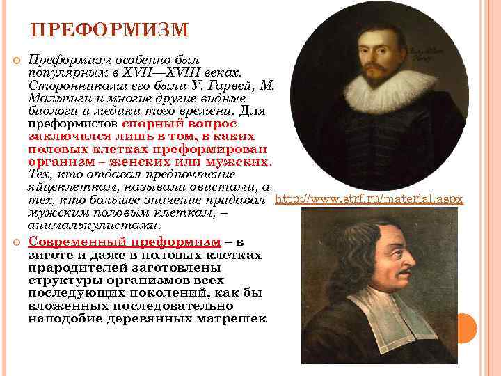   ПРЕФОРМИЗМ Преформизм особенно был популярным в XVII—XVIII веках. Сторонниками его были У.