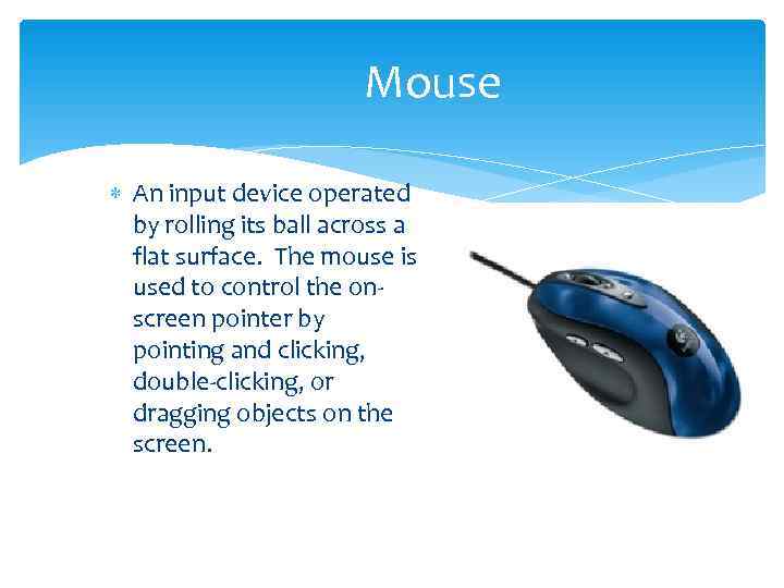     Mouse  An input device operated  by rolling its