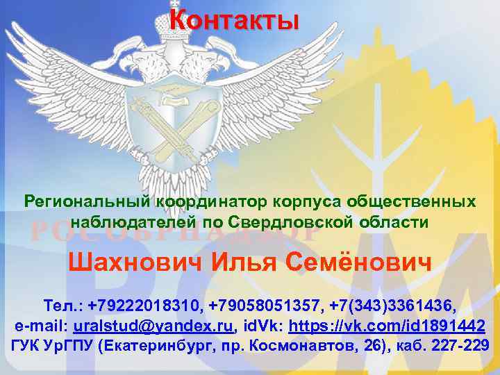     Контакты Региональный координатор корпуса общественных  наблюдателей по Свердловской области