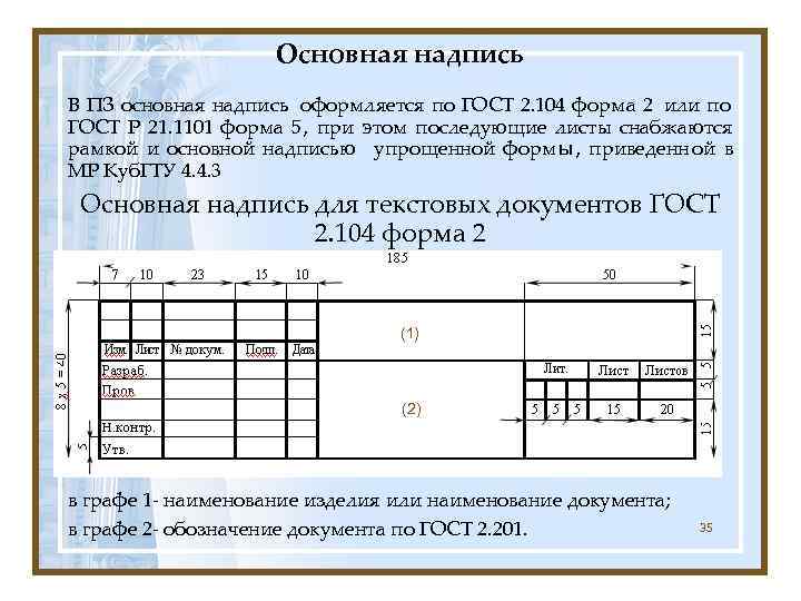     Основная надпись В ПЗ основная надпись оформляется по ГОСТ 2.